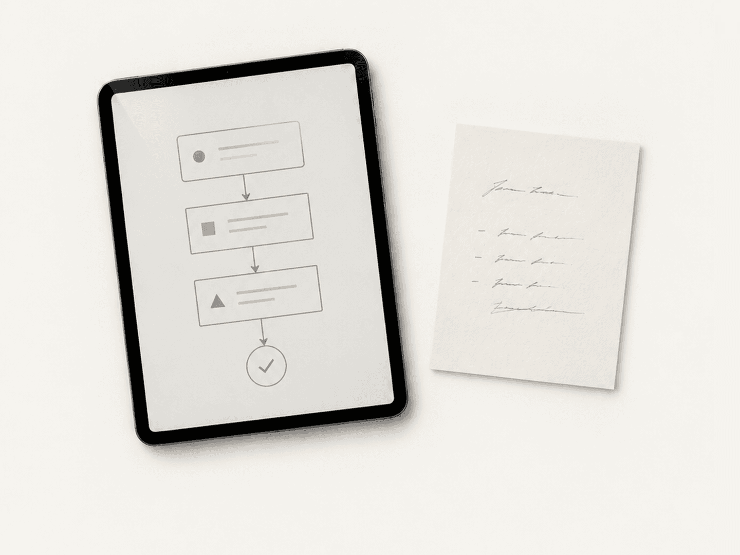 タブレットに表示した業務フローの図と、手書きのメモ
