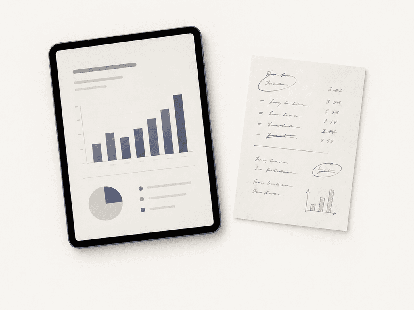 月次レポートを表示したタブレットと、手書きの分析メモ