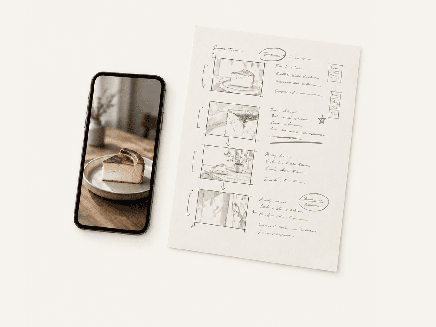 スマートフォンに表示した投稿動画と、手描きの絵コンテ